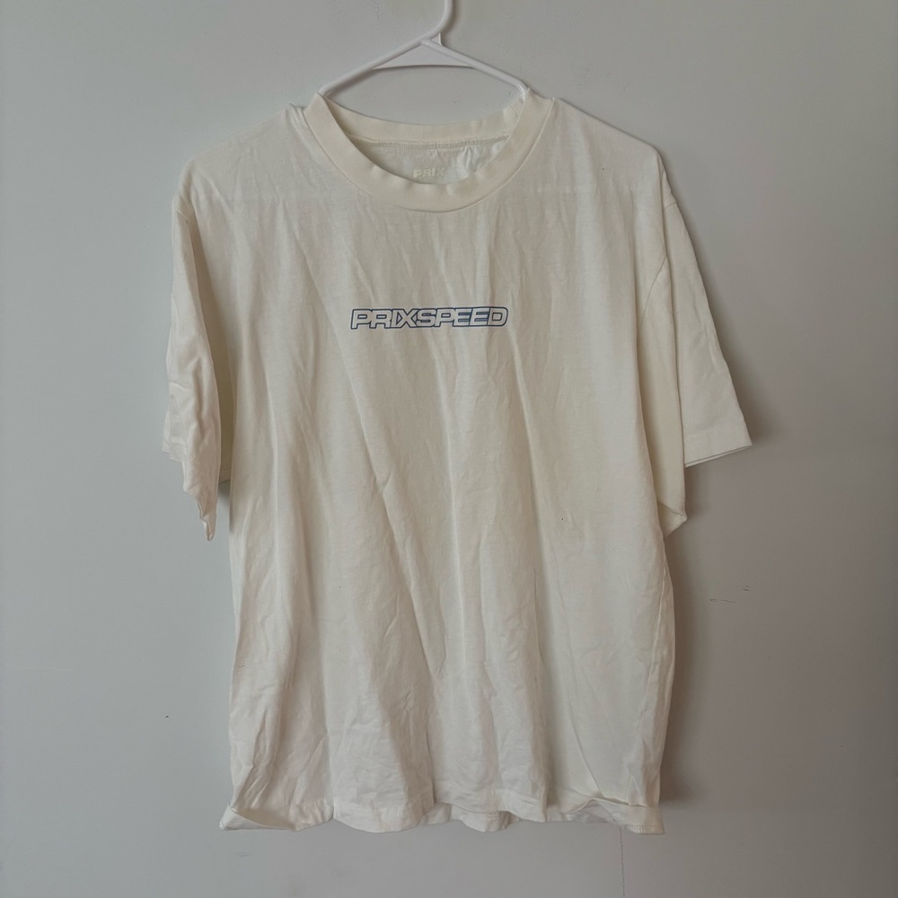 prix speed ivory white and blue oversized long graphic tee shirt